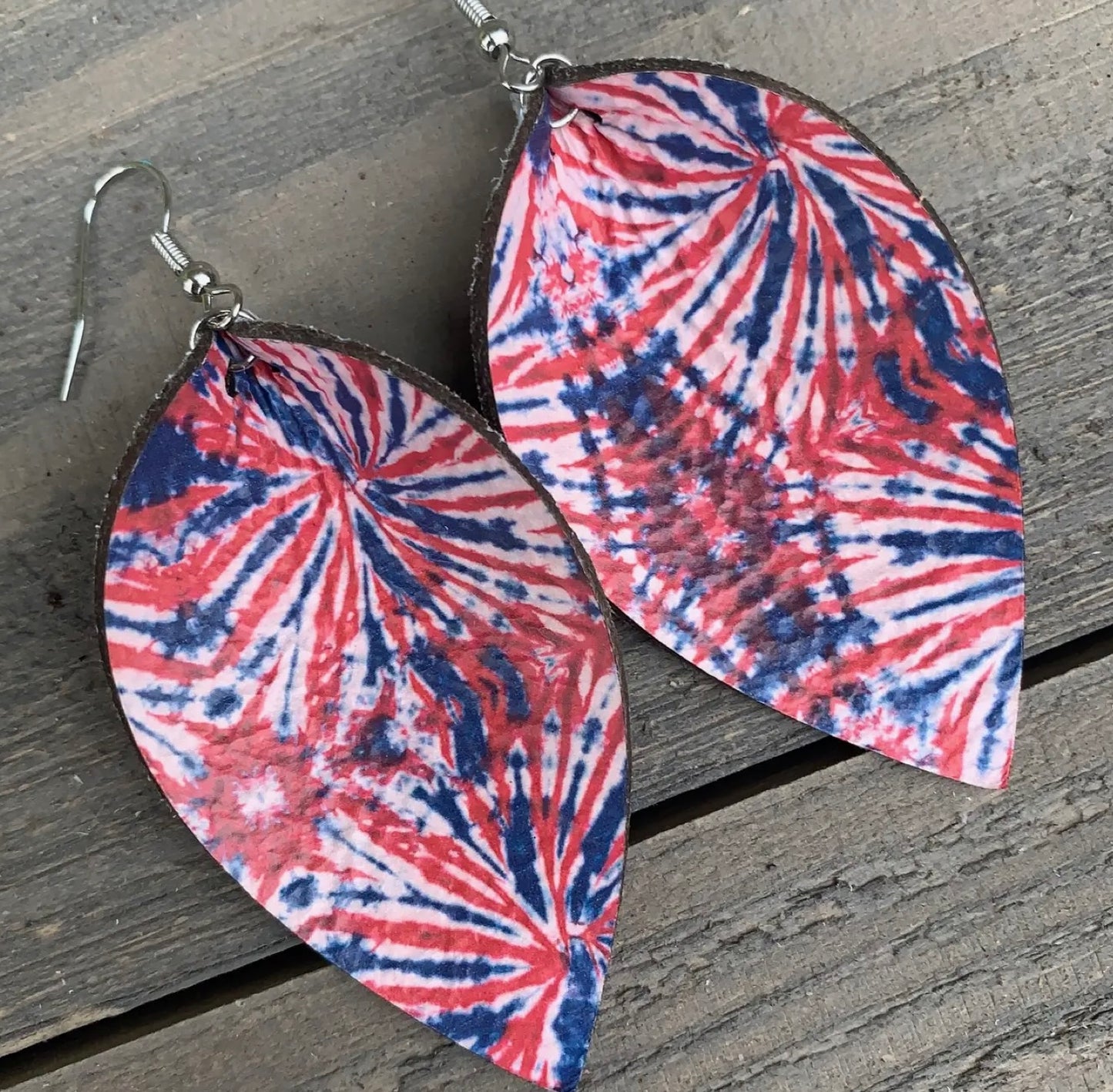 Red White and Blue Tie Dye Leather Earrings