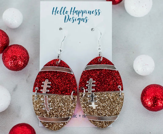 Red & Gold Glitter Football Earrings