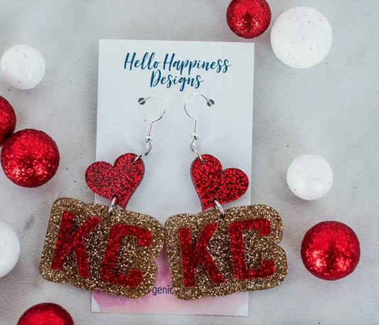 Red & Gold Glitter KC Heart Earrings